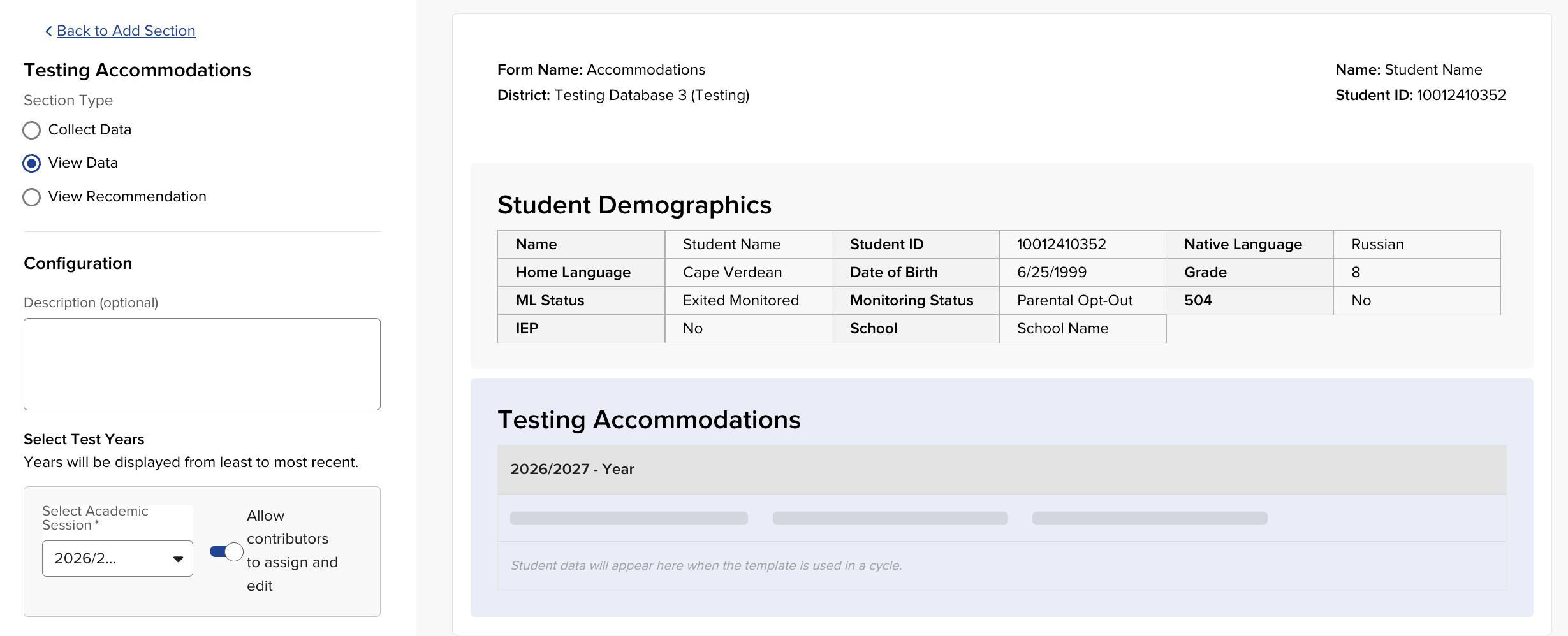 Animated GIF showing the steps to add an Accommodations section in the Form Template Builder