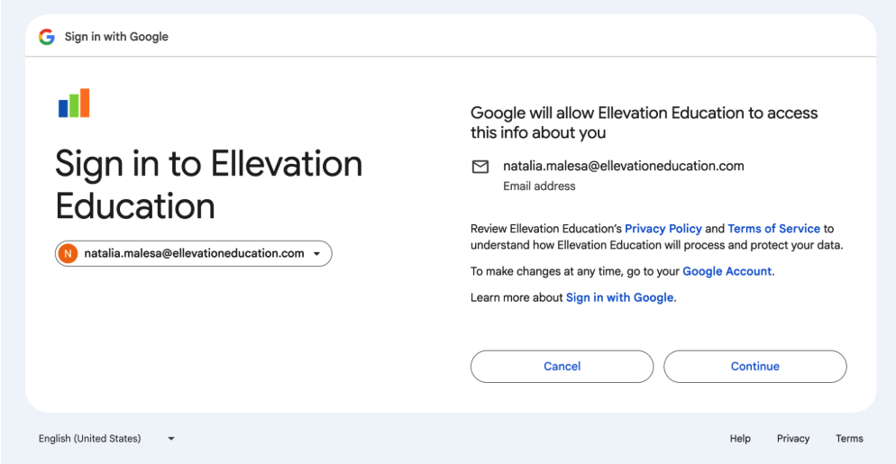 Google consent screen prompting the student to share their email address with Ellevation, with a Continue button