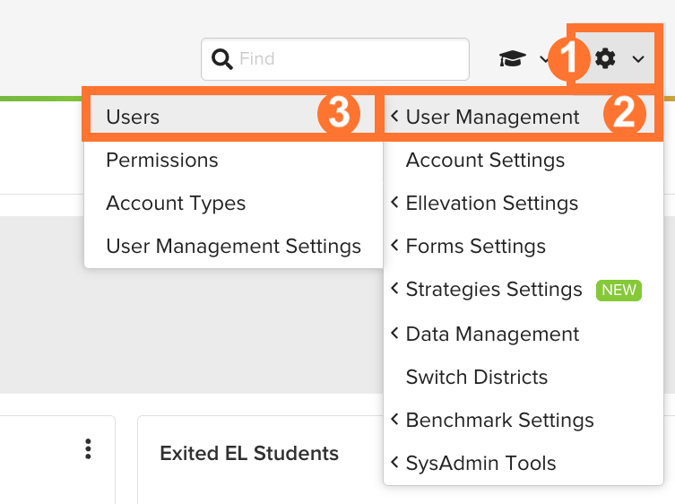 Expanded gear menu showing the User Management option with the Users page selected.