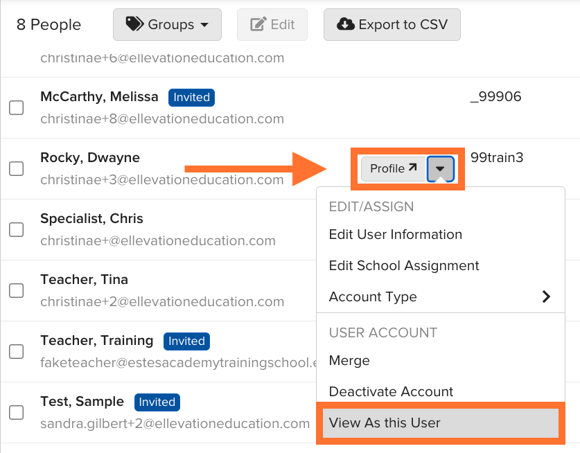 Select the dropdown next to a user's name to access the menu, then select view as this user.