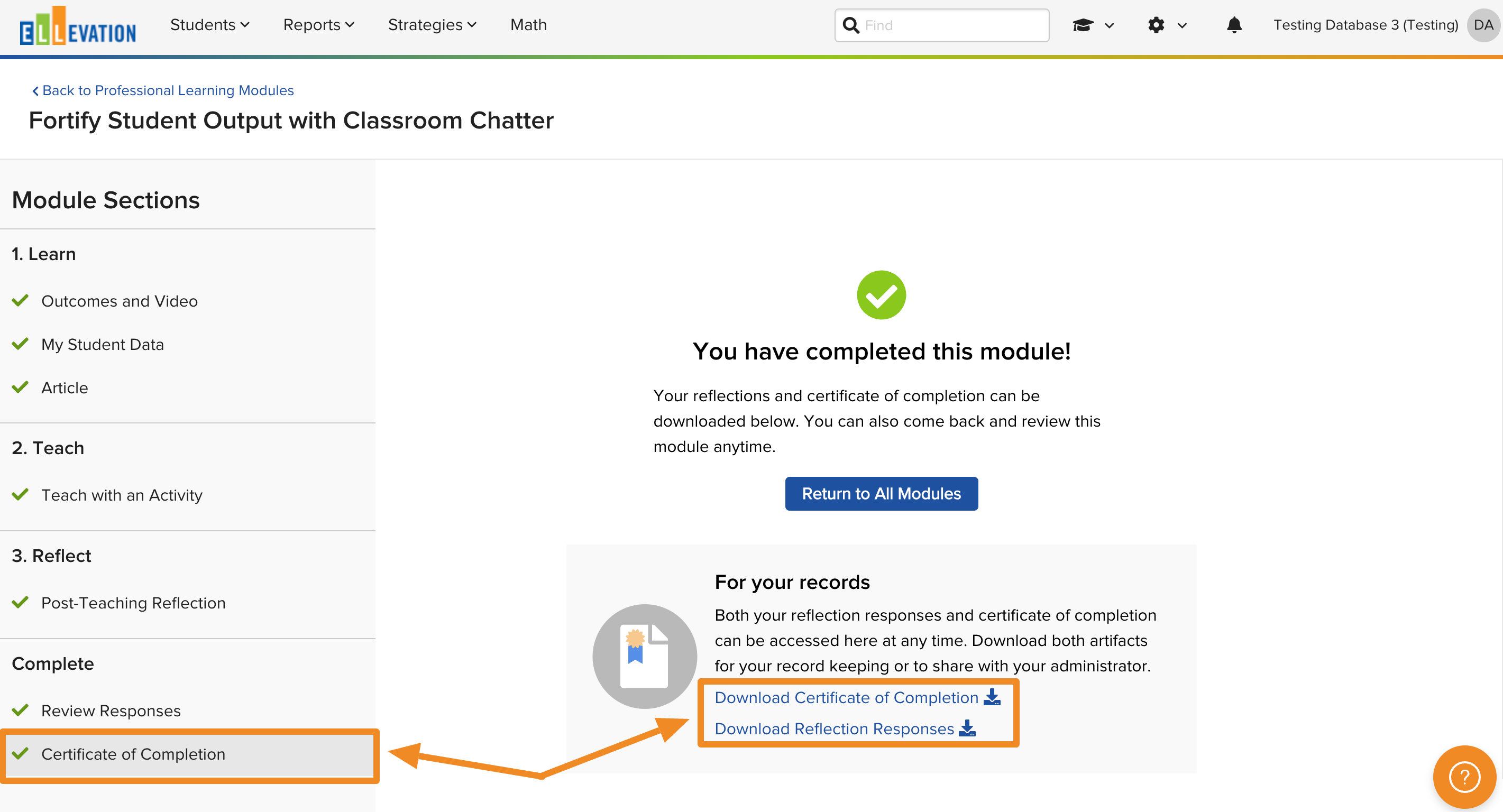 The Certificate of Completion section of a completed module
